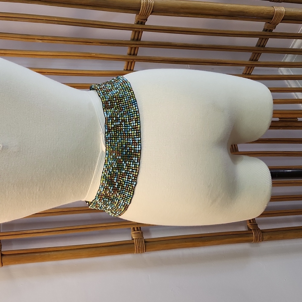 Beaded stretchy belt with wooden clasp closure Boho Festival 70's Hippie - Picture 6 of 10